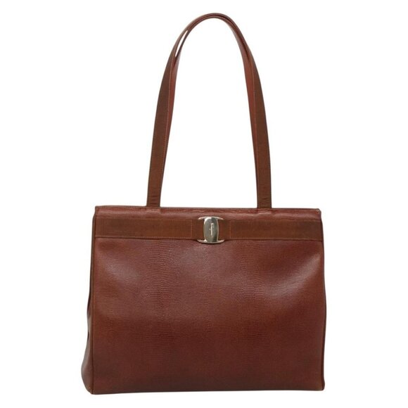 Authentic Salvatore Ferragamo Vala Shoulder Bag Leather Brown Gold